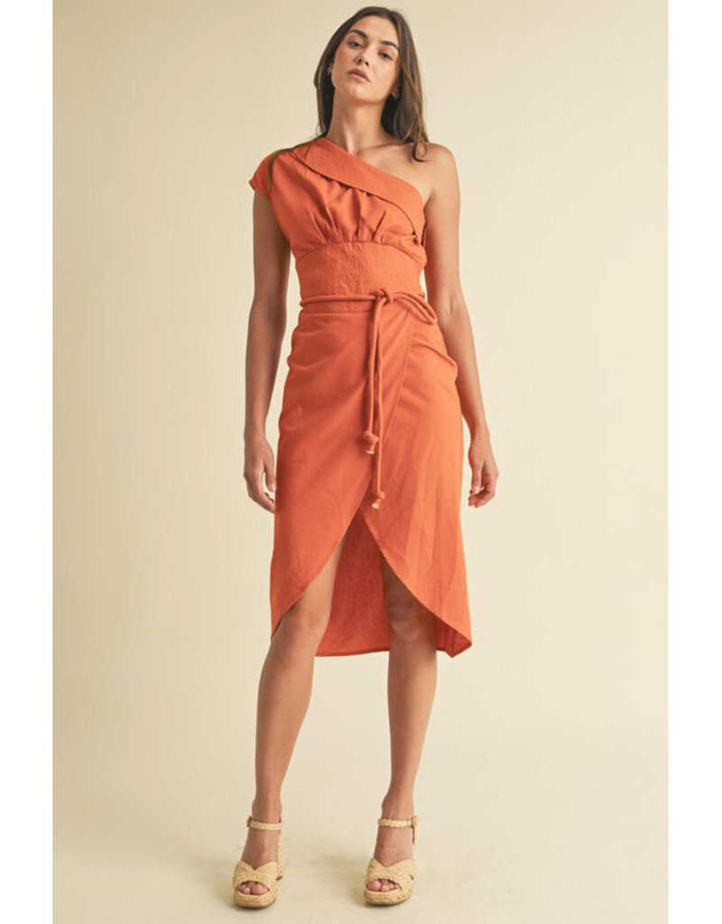 Endless Blu Structured One Shoulder Midi Dress