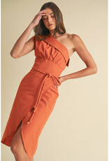 Endless Blu Structured One Shoulder Midi Dress