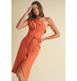 Endless Blu Structured One Shoulder Midi Dress