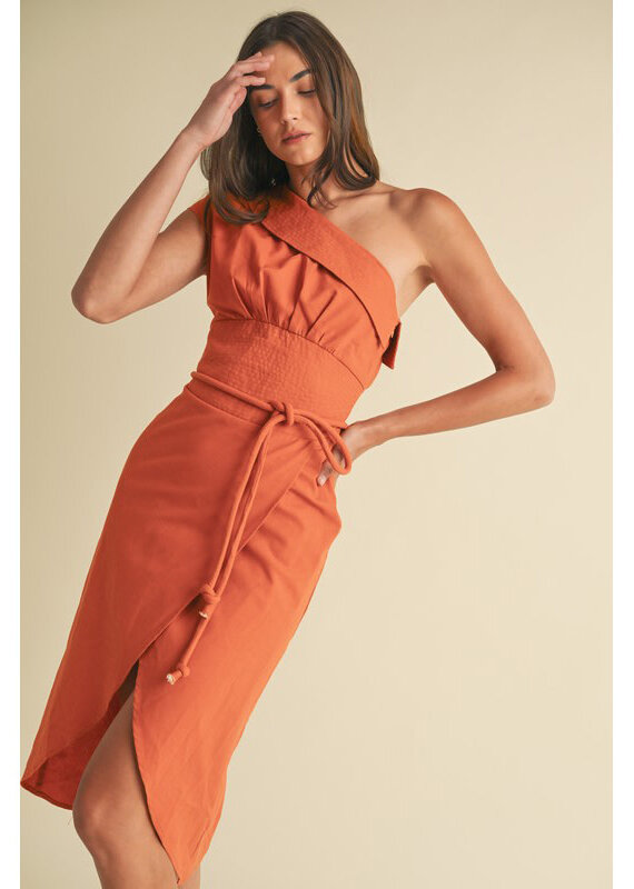 Endless Blu Structured One Shoulder Midi Dress