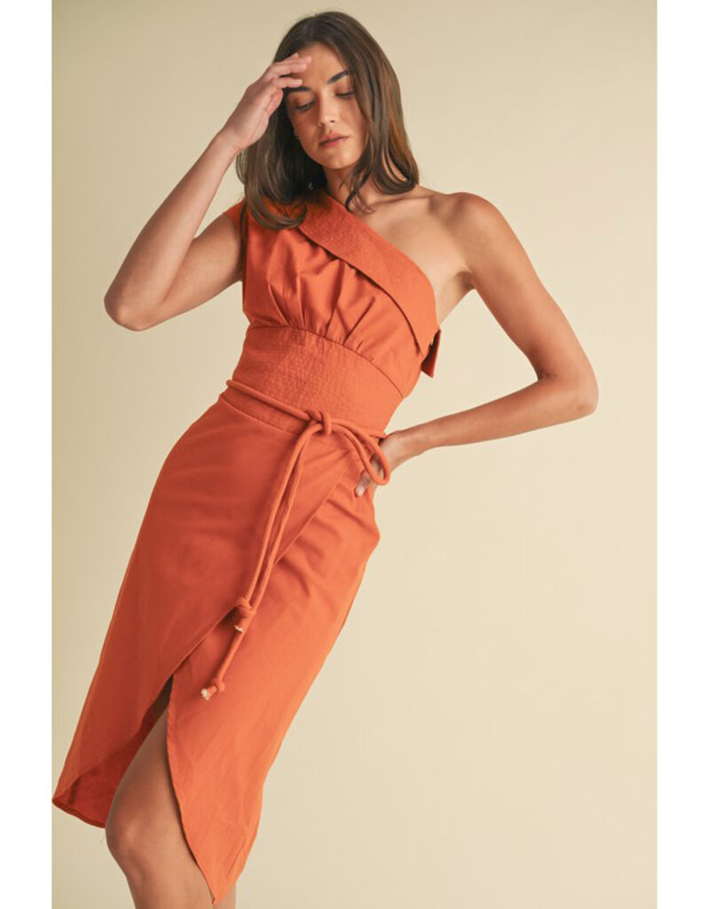 Endless Blu Structured One Shoulder Midi Dress