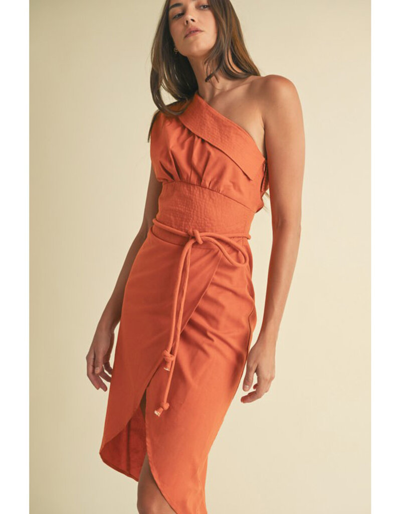 Endless Blu Structured One Shoulder Midi Dress