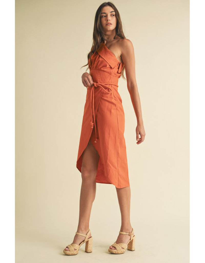 Endless Blu Structured One Shoulder Midi Dress