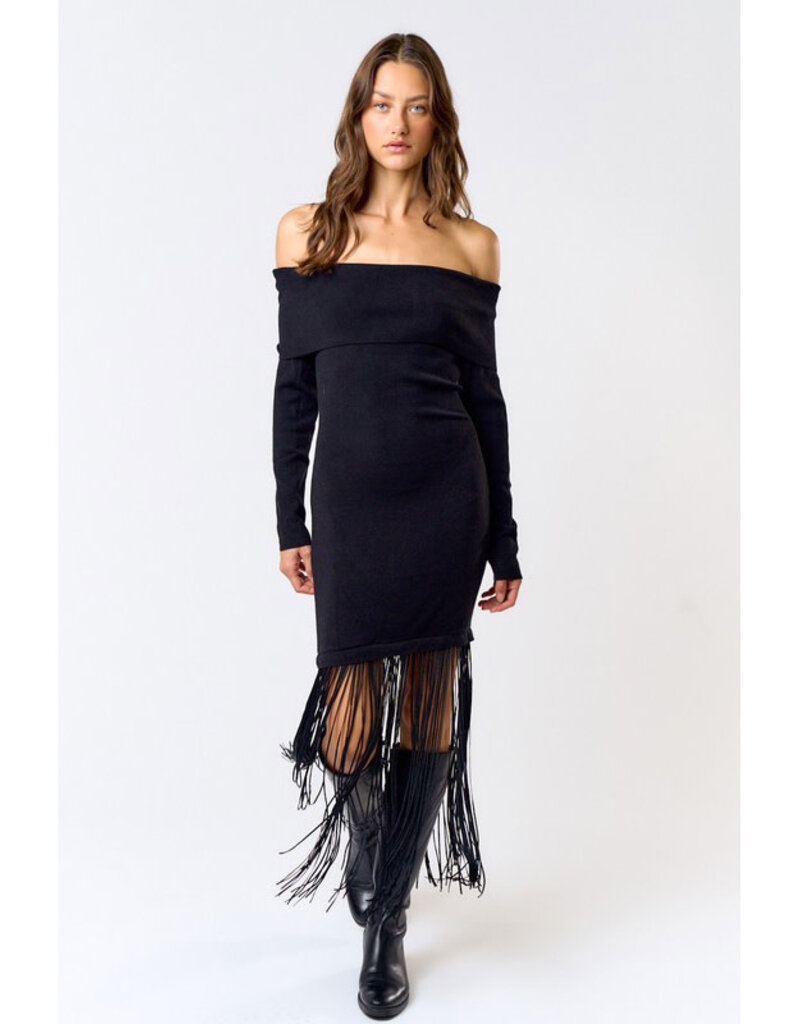 lalavon Knit Off Shoulder Dress w/Fringe