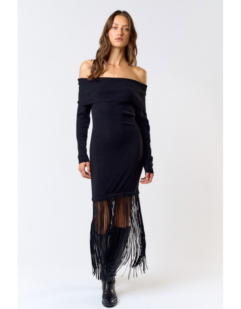 lalavon Knit Off Shoulder Dress w/Fringe