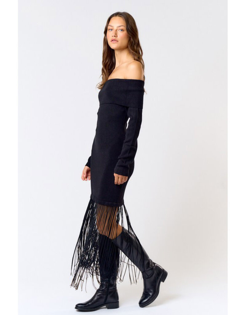 lalavon Knit Off Shoulder Dress w/Fringe