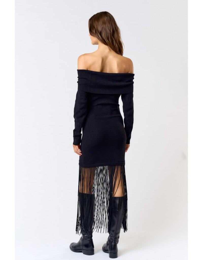 lalavon Knit Off Shoulder Dress w/Fringe