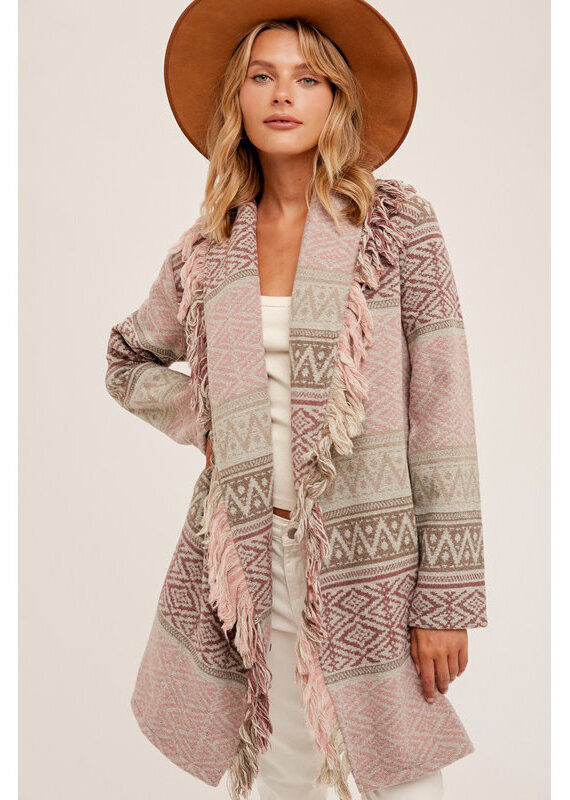 Hem & Thread Fringe Print Coat