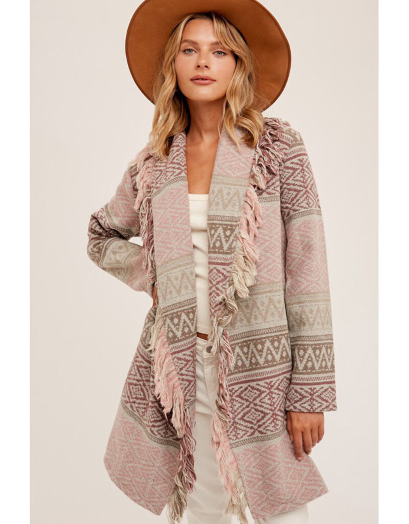 Hem & Thread Fringe Print Coat