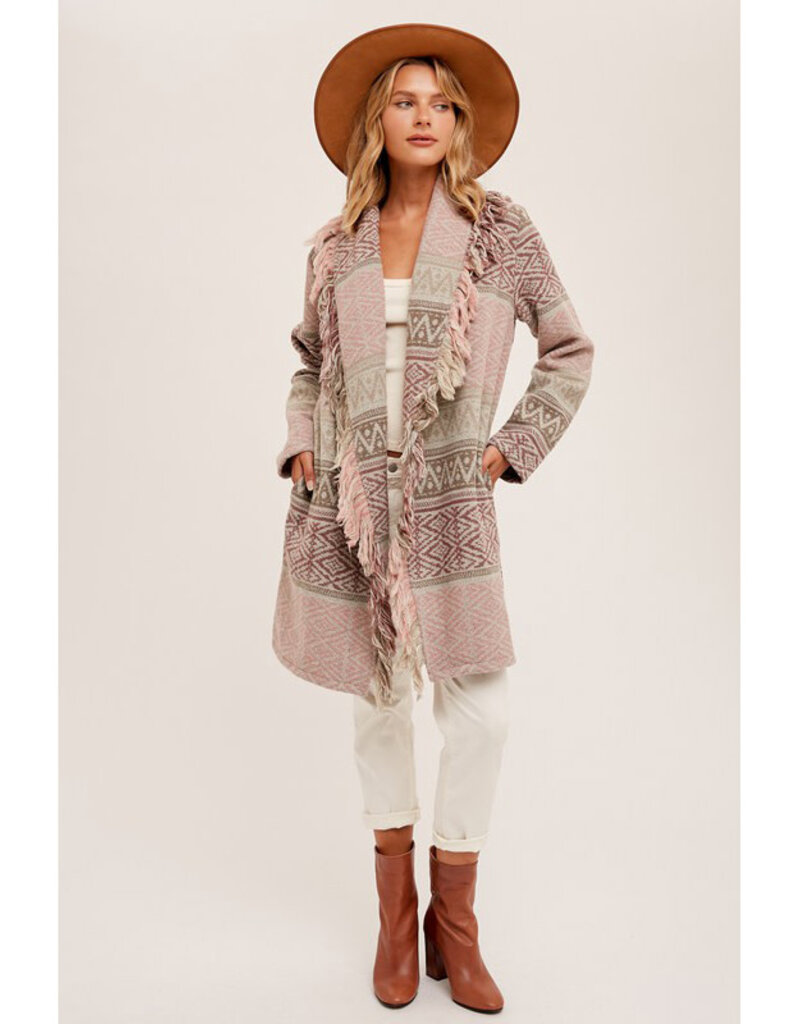 Hem & Thread Fringe Print Coat