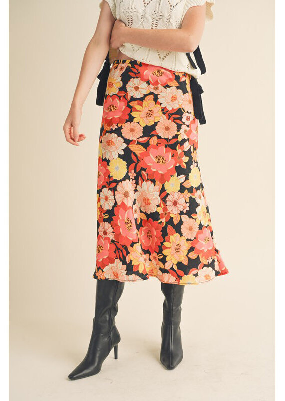 &Merci Satin Floral Midi Skirt