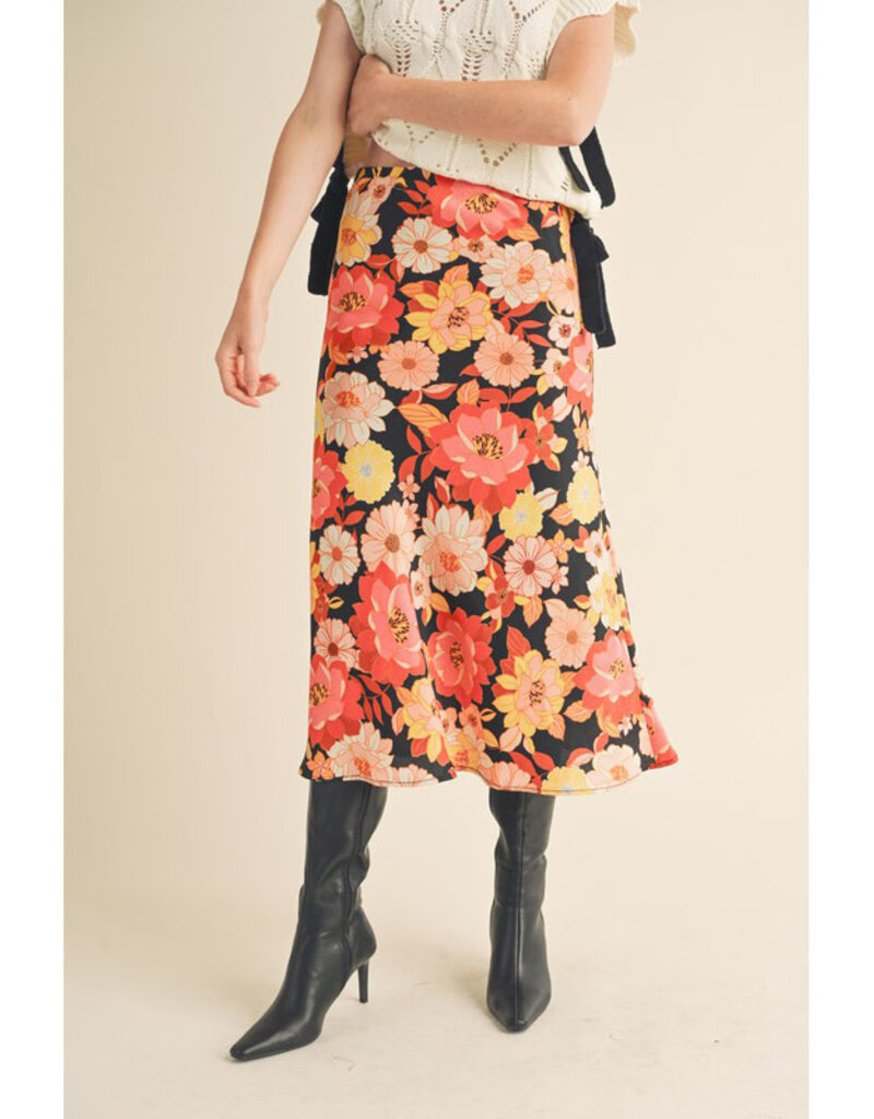 &Merci Satin Floral Midi Skirt