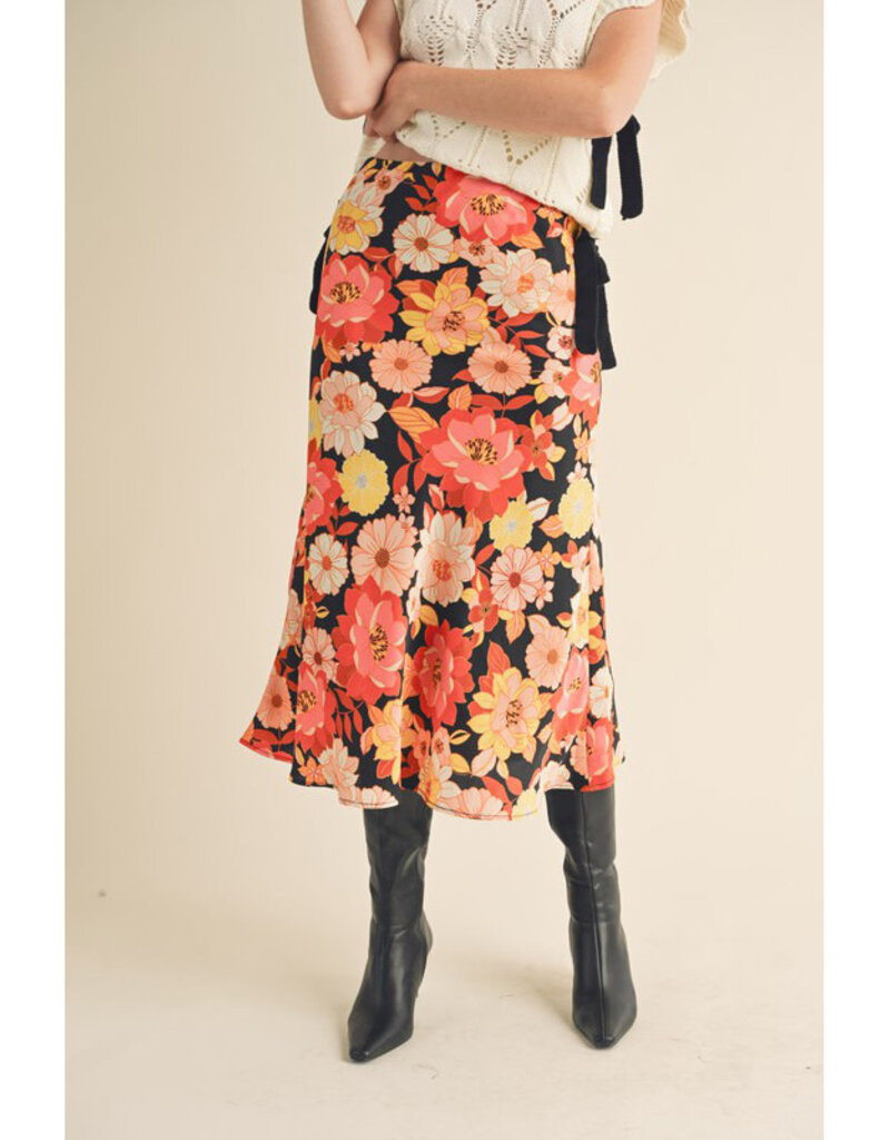 &Merci Satin Floral Midi Skirt