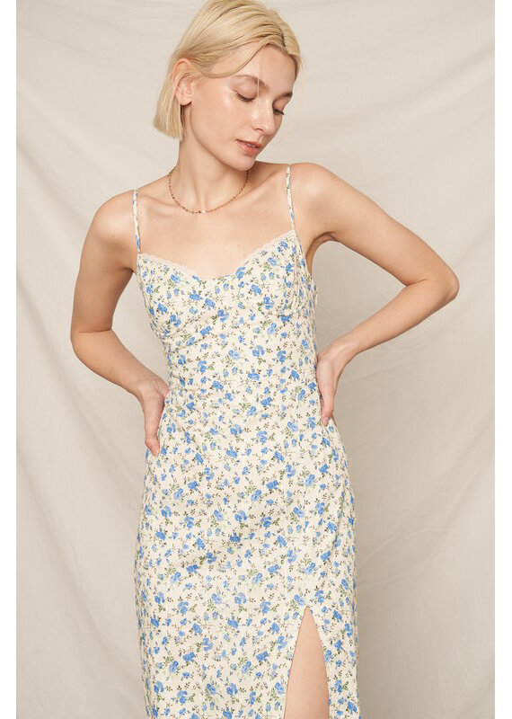En Creme Ivory & Blue Bustier Midi Dress