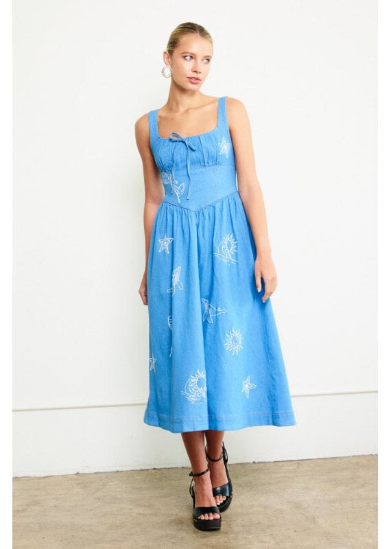 Raisonnel Denim Embroidered Midi Dress