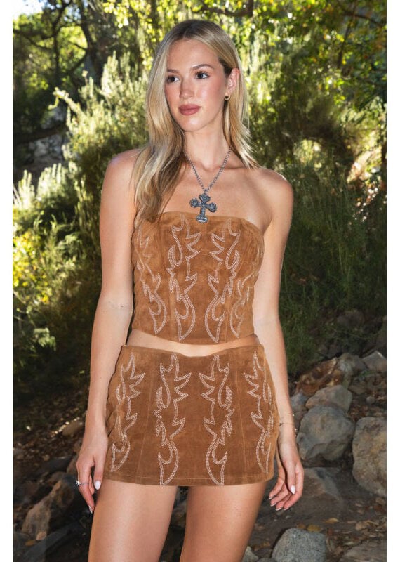 TicToc Faux Suede Embroidered Mini Skirt