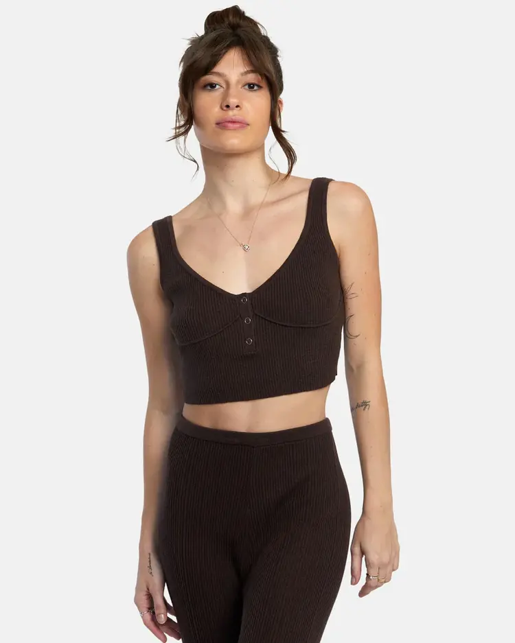 RVCA SWERVE HENLEY RIB KNIT CROP TOP