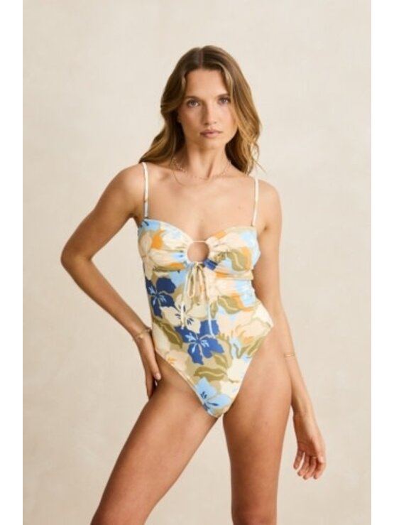 RHYTHM Blanca Floral Tie Front Bandeau One Piece Olive