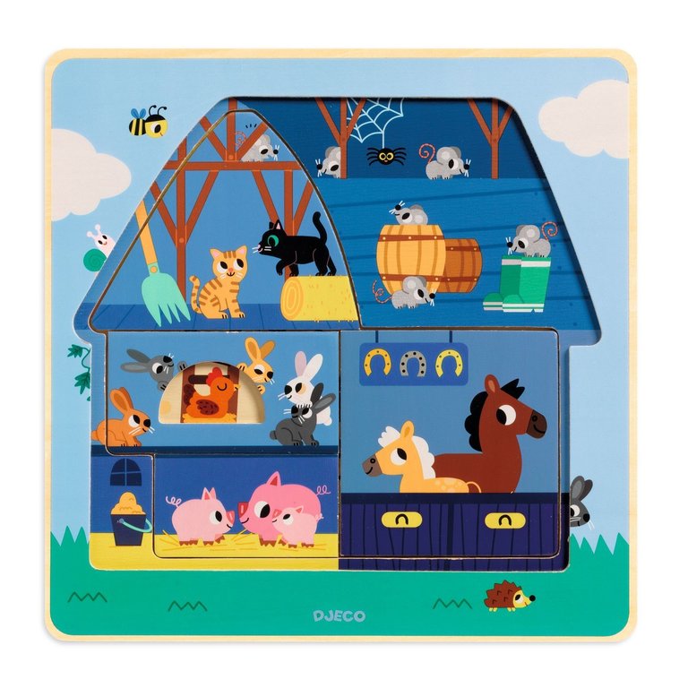 DJECO DJECO - PUZZLE EN BOIS À 3 NIVEAUX - CHEZ MOO 12 PCS