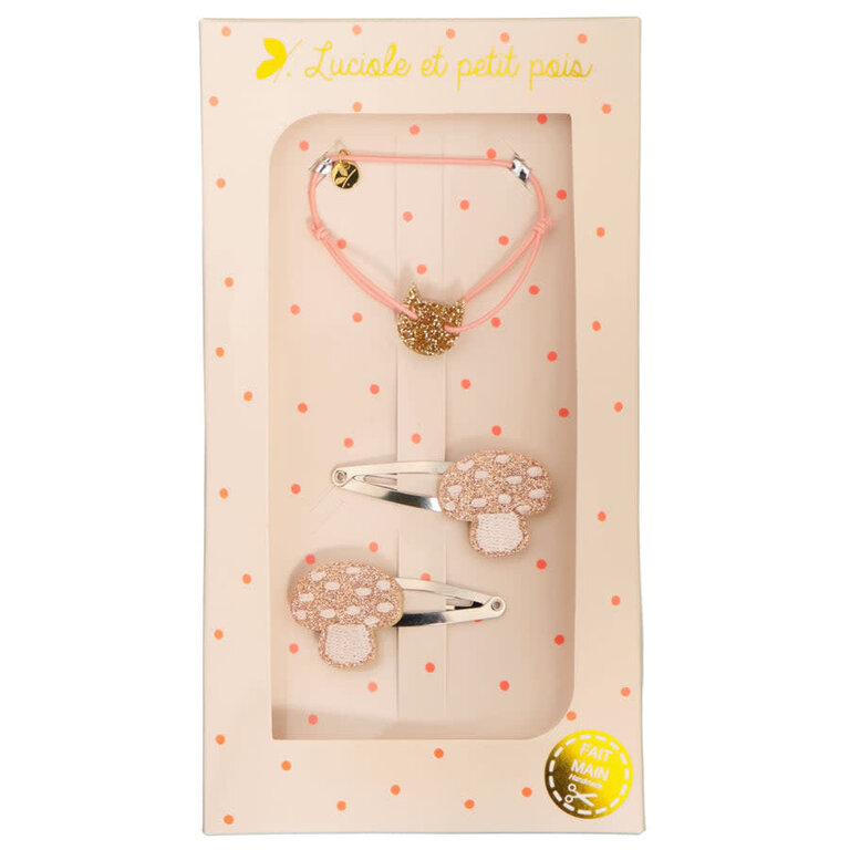 LUCIOLE ET PETIT POIS COFFRET CADEAU - BRACELET CHAT & BARRETTES CHAMPIGNONS