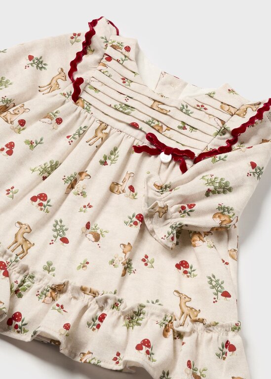 ROBE À MOTIFS DE CERF - BEIGE ET ROUGE