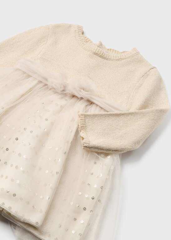 ROBE BI-MATIÈRE TRICOT AVEC TULLE DORÉ - SABLE