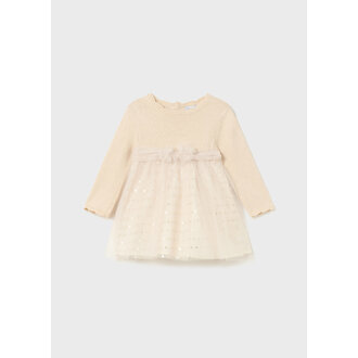 ROBE BI-MATIÈRE TRICOT AVEC TULLE DORÉ - SABLE