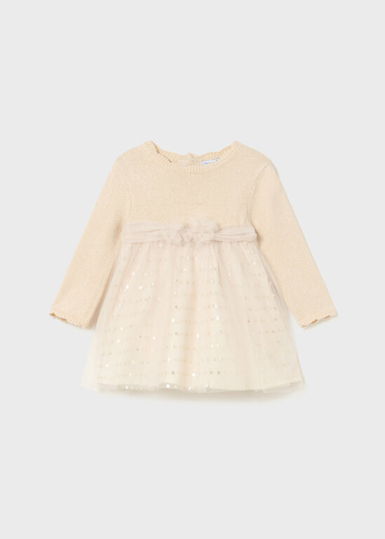 ROBE BI-MATIÈRE TRICOT AVEC TULLE DORÉ - SABLE