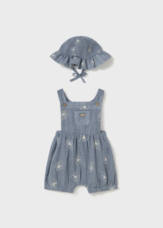 MAYORAL ENSEMBLE SALOPETE ET CHAPEAU BRODERIES DE FLEURS -  BLEU CHAMBRAY