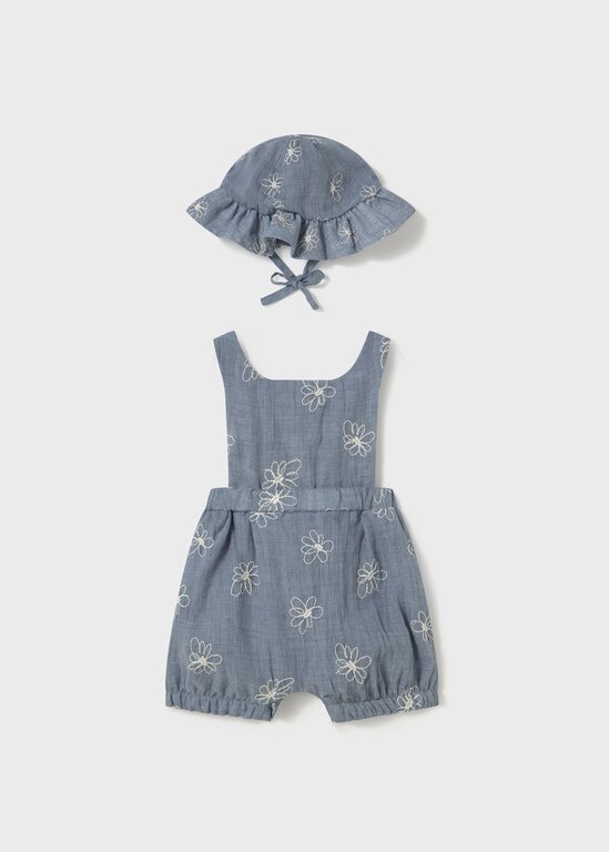MAYORAL ENSEMBLE SALOPETE ET CHAPEAU BRODERIES DE FLEURS -  BLEU CHAMBRAY
