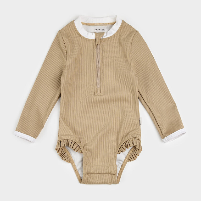 PETIT LEM RIBBED LONG-SLEEVE SWIMSUIT - TAUPE