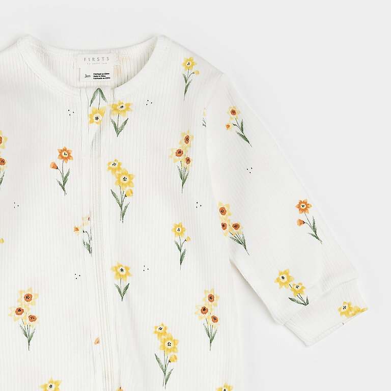 PETIT LEM PYJAMA À PATTES CÔTELÉ À IMPRIMÉ DE JONQUILLES - BLANC