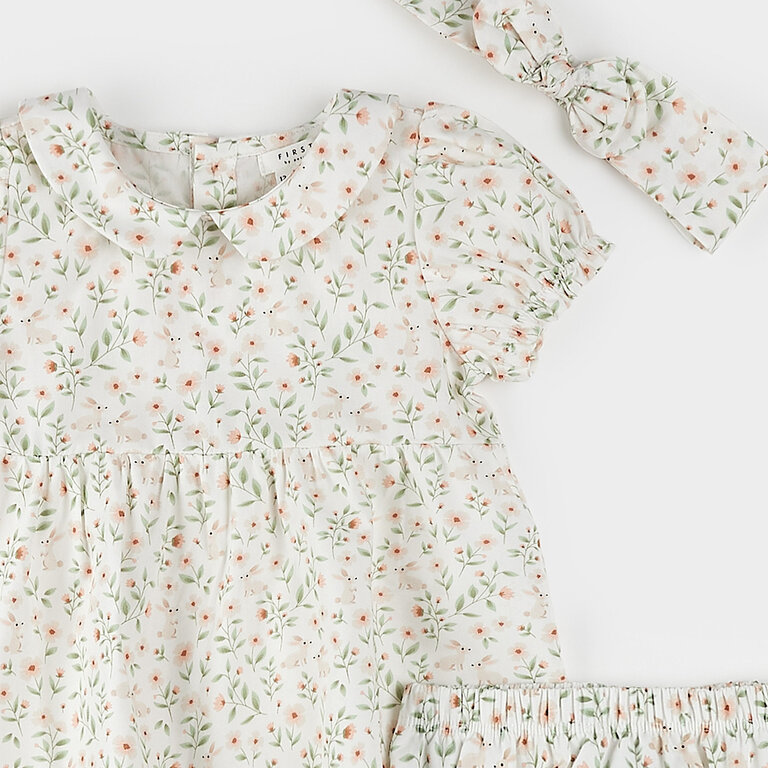 PETIT LEM ENSEMBLE DE ROBE (3 PCS) À IMPRIMÉ DE LAPINS DE PRINTEMPS - IVOIRE