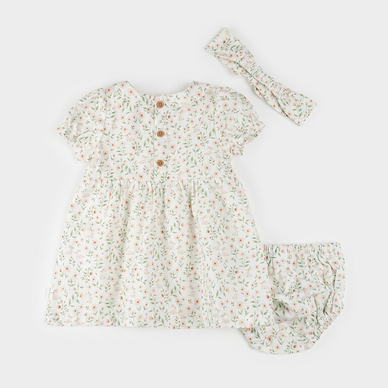 PETIT LEM ENSEMBLE DE ROBE (3 PCS) À IMPRIMÉ DE LAPINS DE PRINTEMPS - IVOIRE