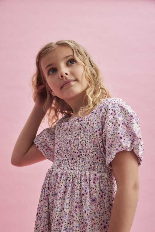 CREAMIE ROBE NID D'ABEILLE FLEURI - CRÈME