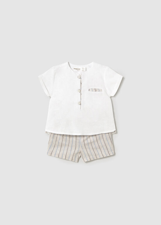 ENSEMBLE 2 PIÈCES EN LIN RAYÉ - BEIGE ET BLEU