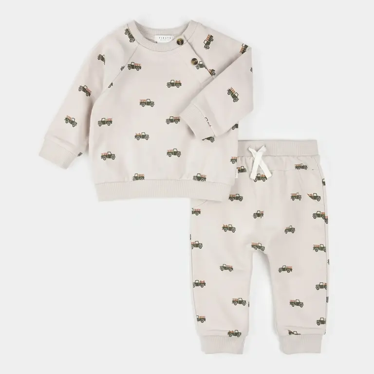 PETIT LEM ENSEMBLE À IMPRIMÉ DE CAMIONS DE CITROUILLES - GREIGE