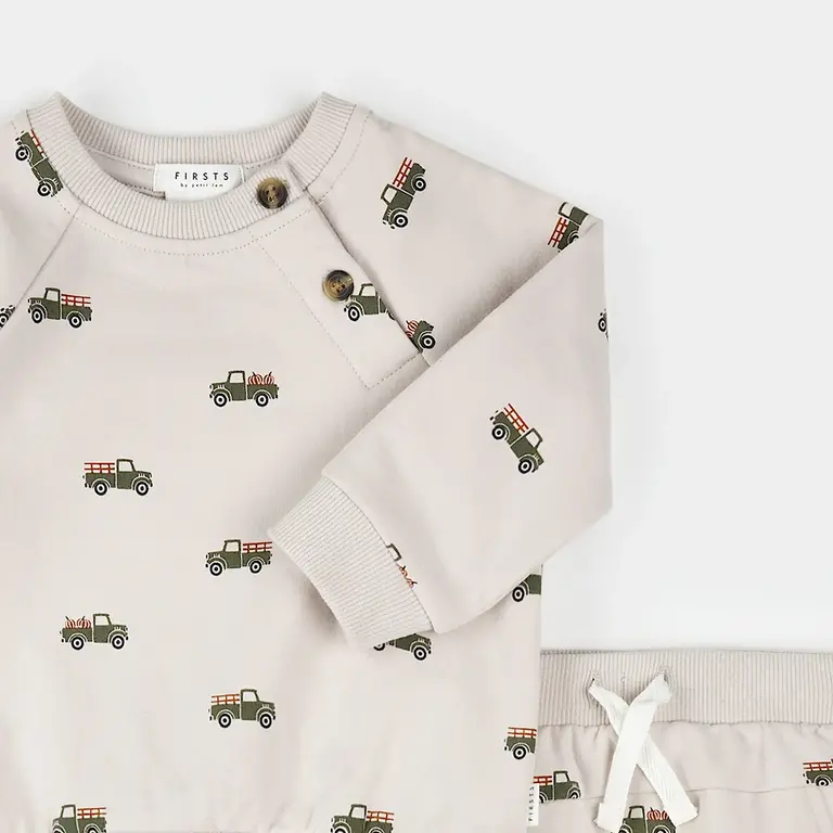 PETIT LEM ENSEMBLE À IMPRIMÉ DE CAMIONS DE CITROUILLES - GREIGE