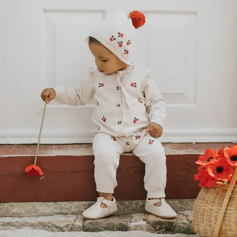 PETIT LEM COMBINAISON EN TRICOT AVEC BRODERIES DE COQUELICOTS - BEIGE