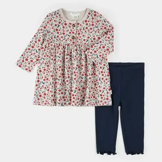 PETIT LEM DUO ROBE CÔTELÉE ET LEGGING À IMPRIMÉ DE COQUELICOT - GREIGE