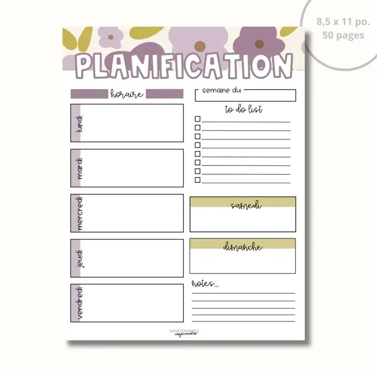 ENSEIGNANTES INSPIRANTES BLOC-NOTE PLANIFICATION HEBDOMADAIRE - LAVANDE 2.0