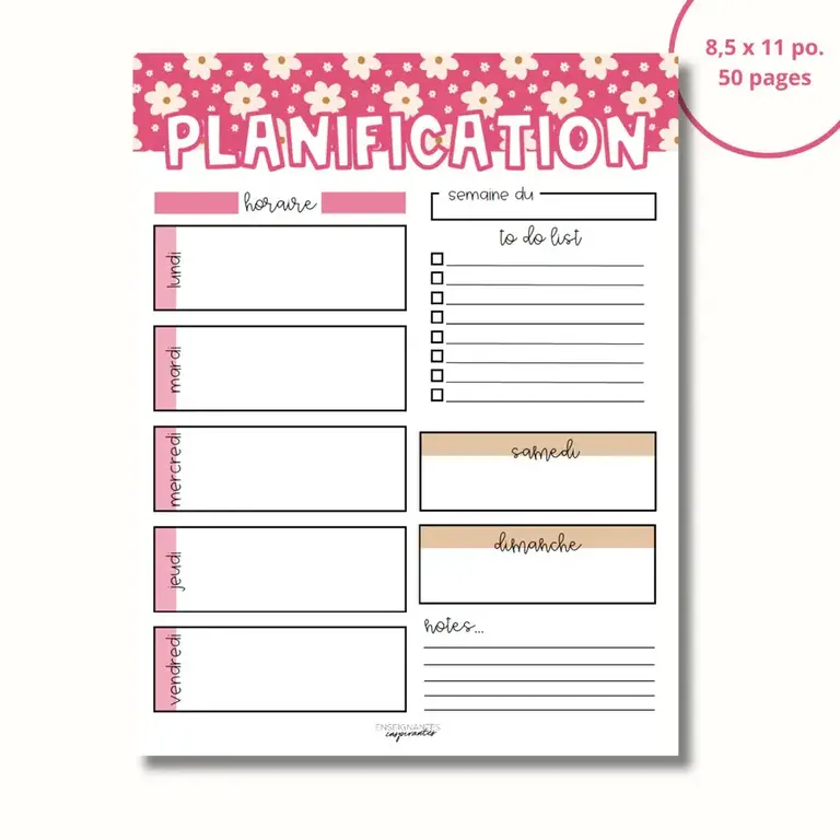 ENSEIGNANTES INSPIRANTES BLOC-NOTE PLANIFICATION HEBDOMADAIRE - MARGUERITES FUCHSIA