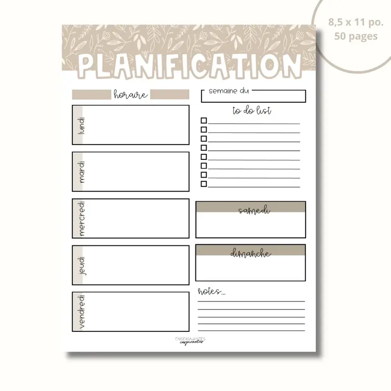 ENSEIGNANTES INSPIRANTES BLOC-NOTE PLANIFICATION HEBDOMADAIRE - LINE ART