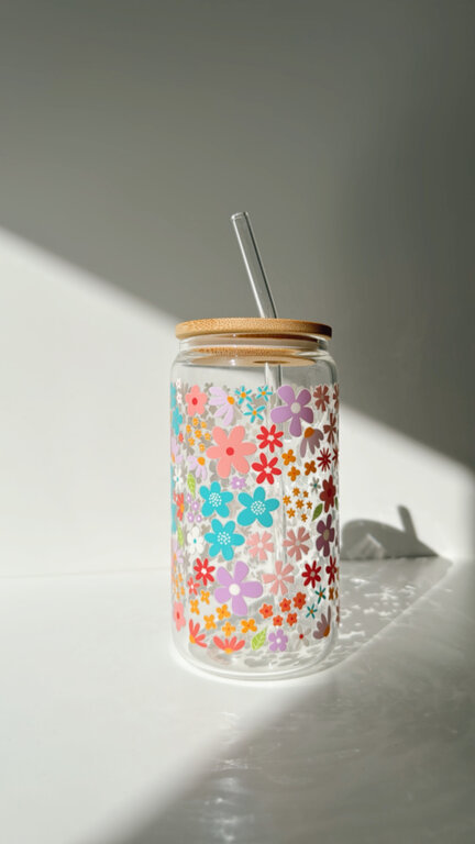 ALAROCQUE DESIGN VERRE  16 OZ - FLEURS COLORÉES