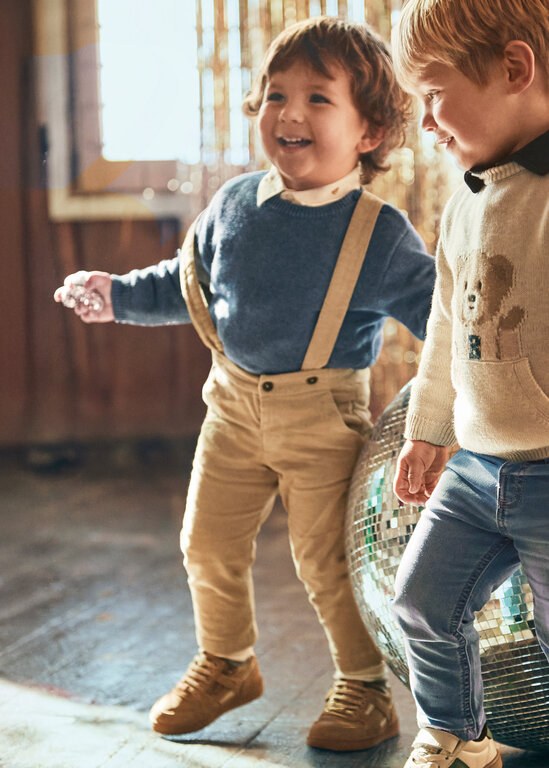 PANTALON EN VELOURS À BRETELLES - BEIGE
