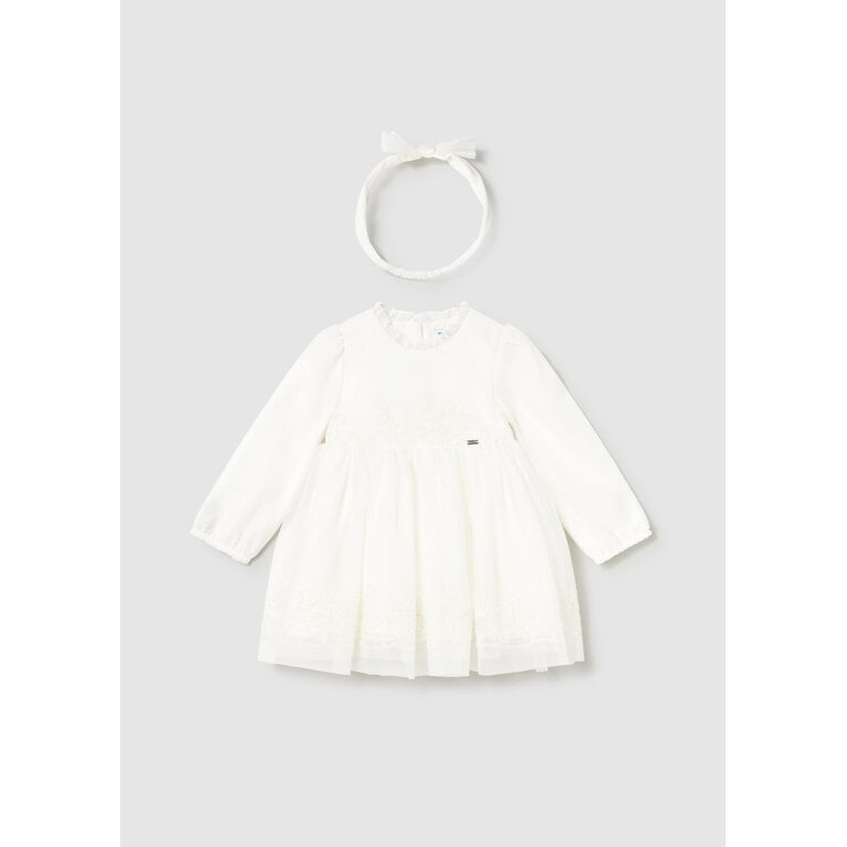 MAYORAL EMBROIDERED TULLE OCCASION DRESS WITH HEADBAND - ECRU