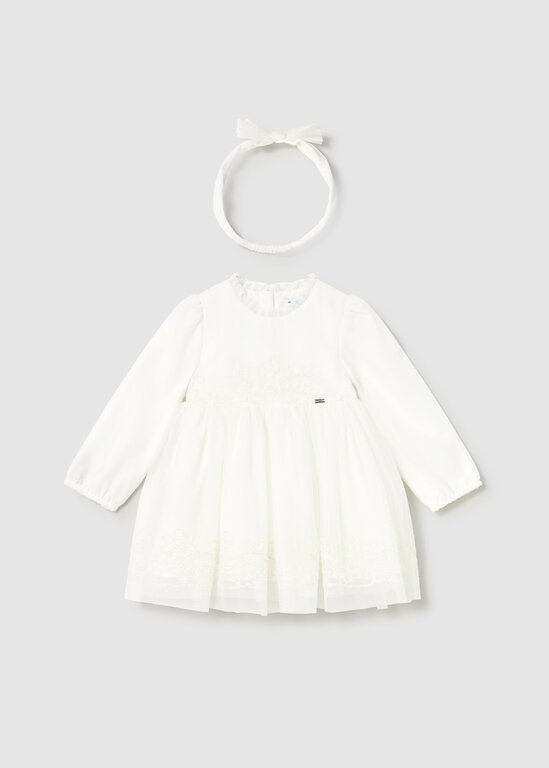 ROBE DE CÉRÉMONIE EN TULLE BRODÉ ET BANDEAU - ÉCRU