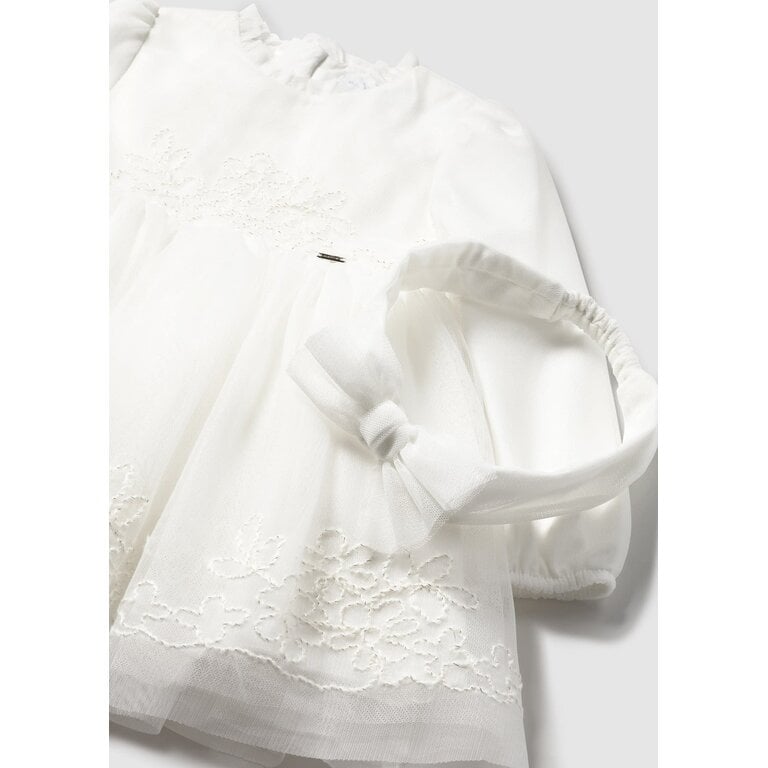 MAYORAL EMBROIDERED TULLE OCCASION DRESS WITH HEADBAND - ECRU