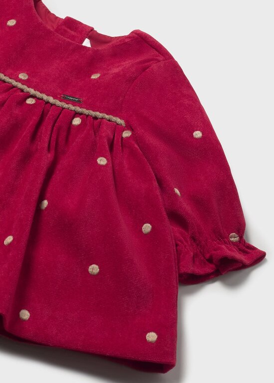 ROBE EN VELOURS À BRODERIES DE POIS - CERISE