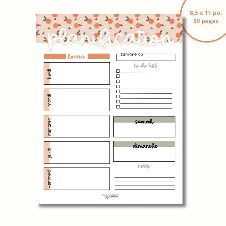 ENSEIGNANTES INSPIRANTES BLOC-NOTE PLANIFICATION HEBDOMADAIRE - CLÉMENTINES
